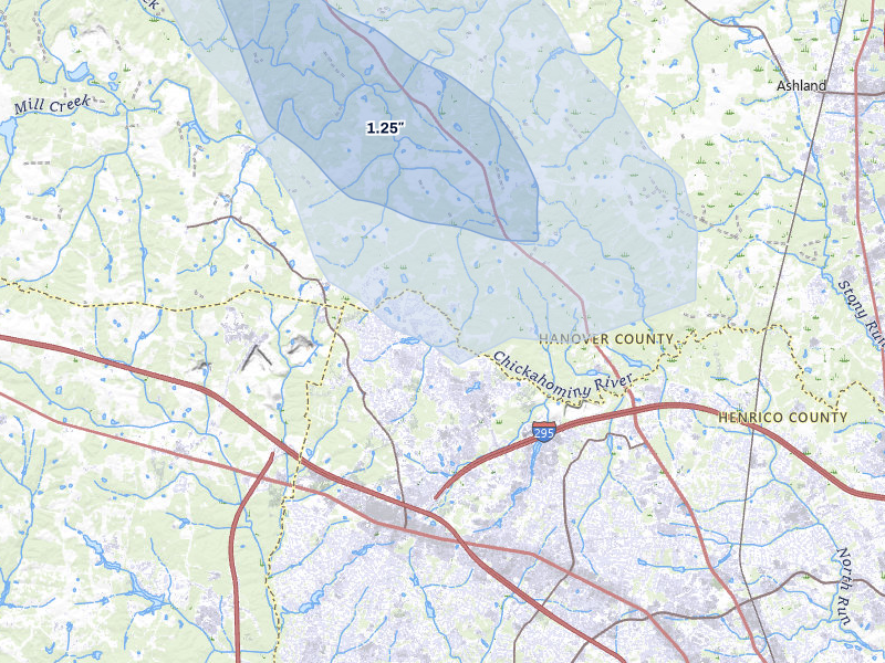 NEXRAD radar-signature map of the hail storm over Glen Allen, VA on Jul 28, 2026