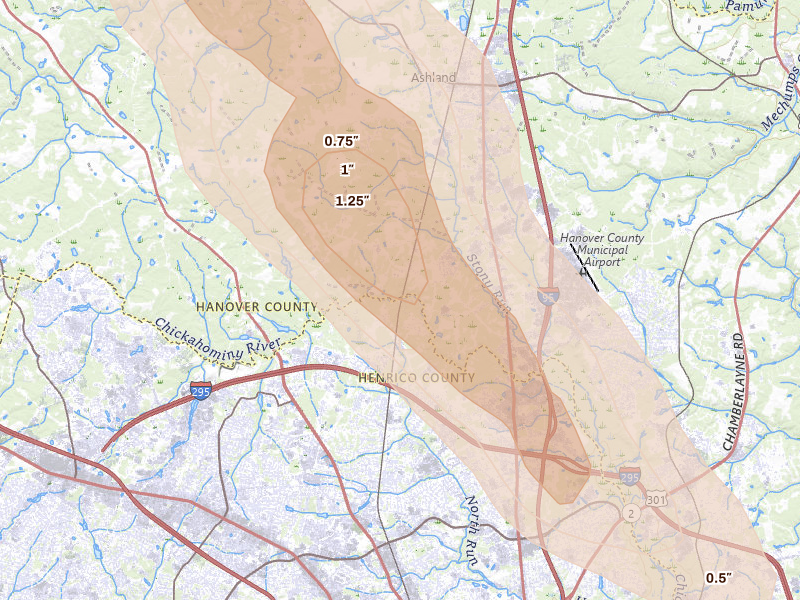 Radar-estimated hail-size map of the storm over Glen Allen, VA on Sep 4, 2026