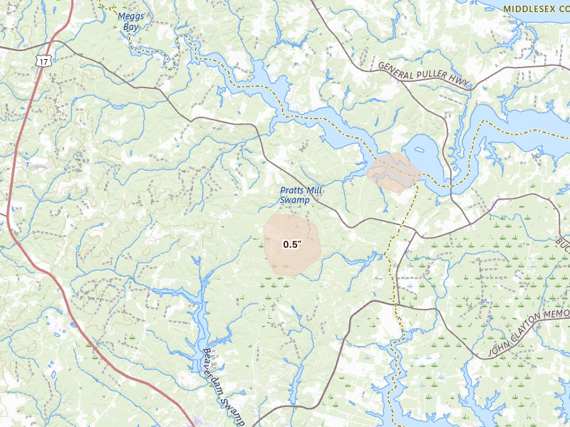 Radar-estimated hail-size map of the storm over Gloucester, VA on Jul 18, 2026
