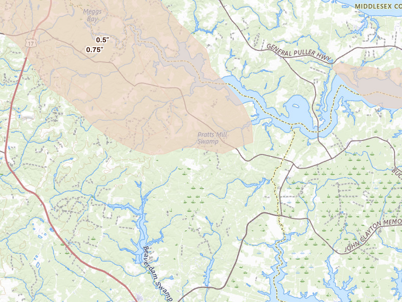 Radar-estimated hail-size map of the storm over Gloucester, VA on Jul 28, 2026