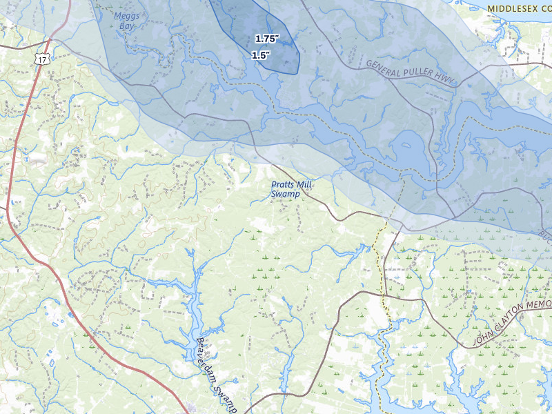 NEXRAD radar-signature map of the hail storm over Gloucester, VA on Jul 28, 2026