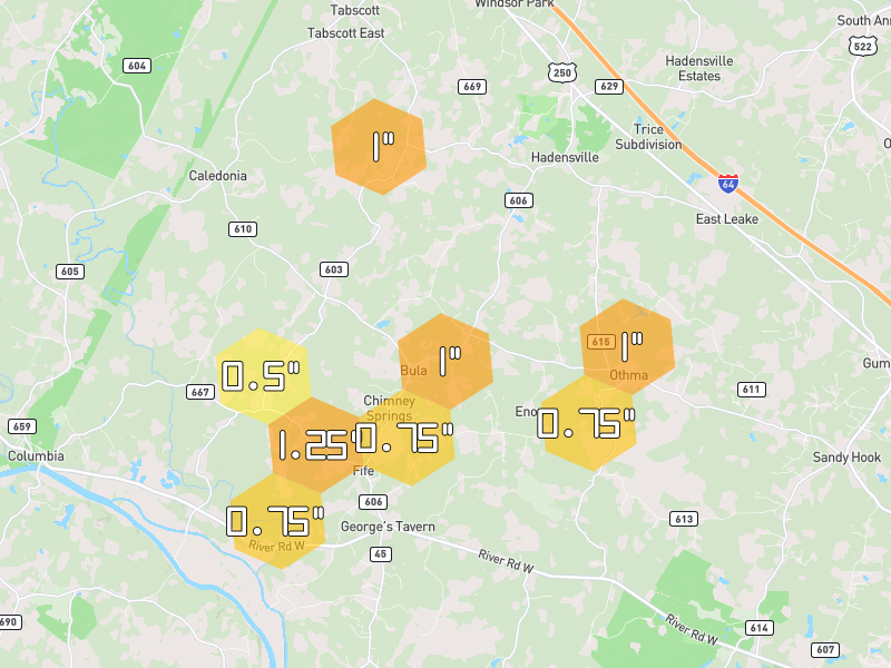 Hail map of Goochland, VA on Jul 21, 2026, hail up to 1.25"