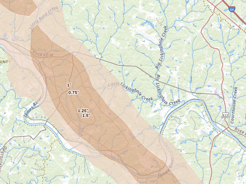 Radar-estimated hail-size map of the storm over Goochland, VA on Aug 14, 2026