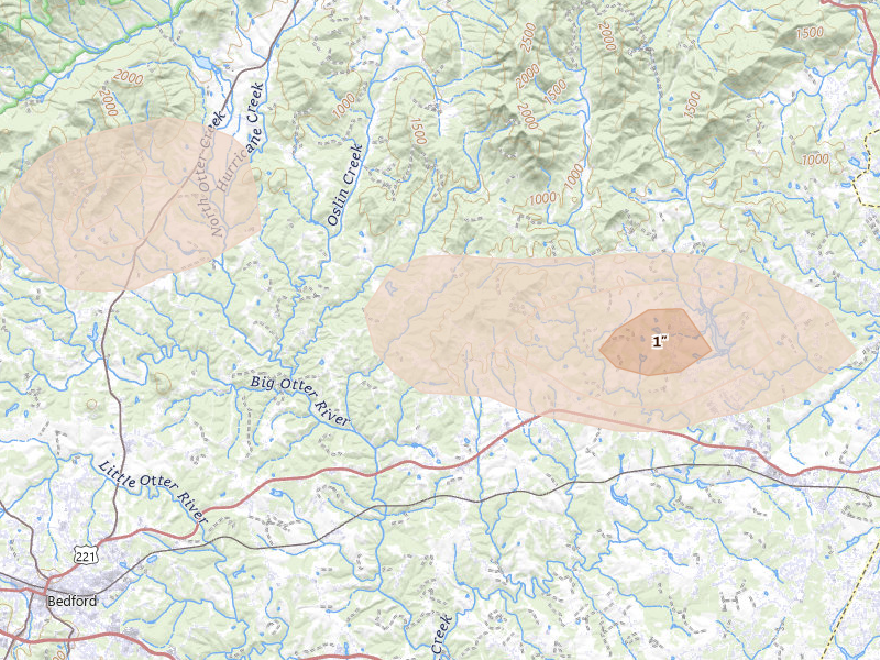 Radar-estimated hail-size map of the storm over Goode, VA on Apr 1, 2026