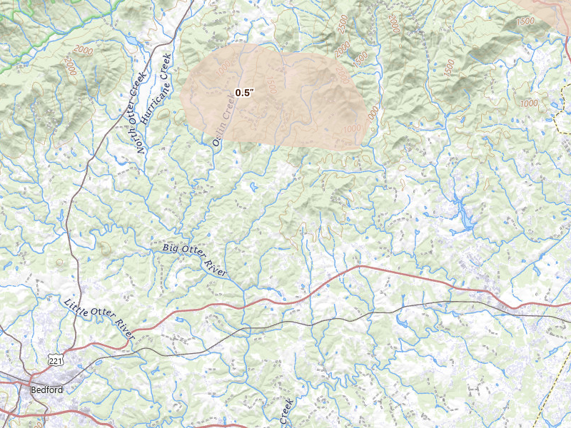 Radar-estimated hail-size map of the storm over Goode, VA on May 27, 2026