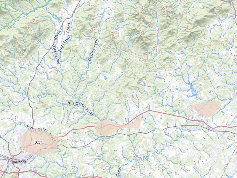 Radar-estimated hail-size map of the storm over Goode, VA on Jun 12, 2026