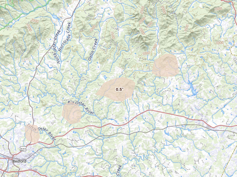 Radar-estimated hail-size map of the storm over Goode, VA on Jul 21, 2026