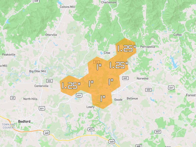 Hail map of Goode, VA on Jul 21, 2026, hail up to 1.25"