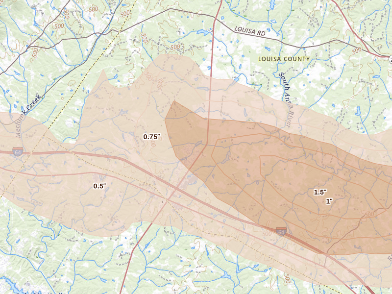 Radar-estimated hail-size map of the storm over Gordonsville, VA on Jul 26, 2026
