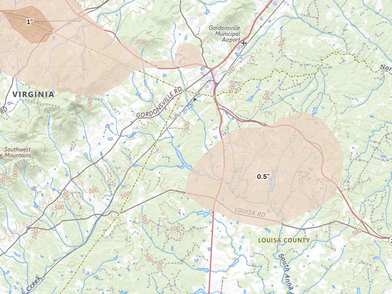 Radar-estimated hail-size map of the storm over Gordonsville, VA