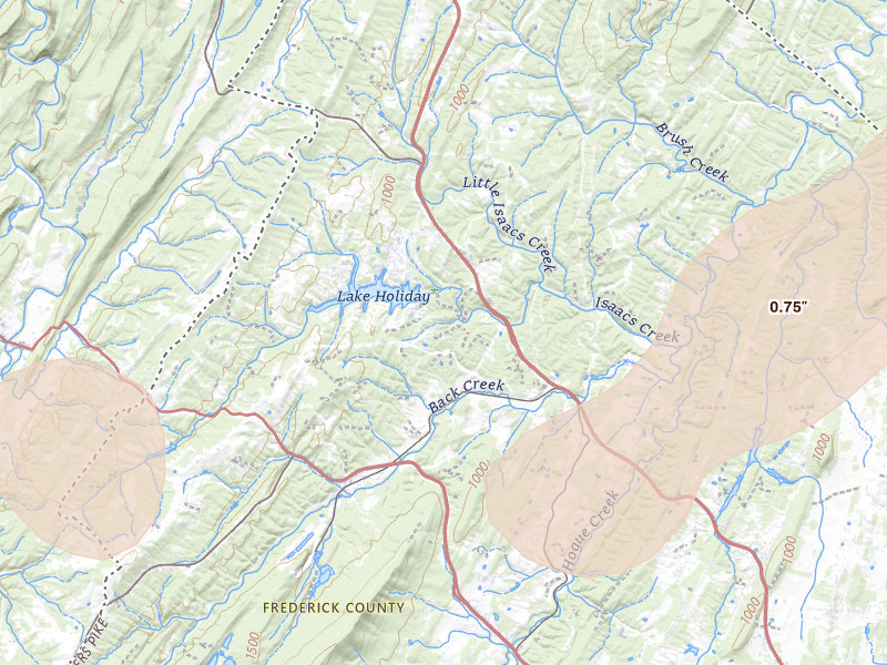 Radar-estimated hail-size map of the storm over Gore, VA on Jul 4, 2026