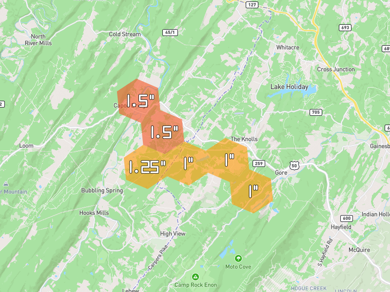 Hail map of Gore, VA on Jul 4, 2026, hail up to 1.5"