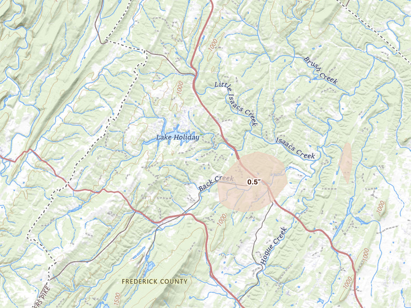Radar-estimated hail-size map of the storm over Gore, VA on Jul 18, 2026