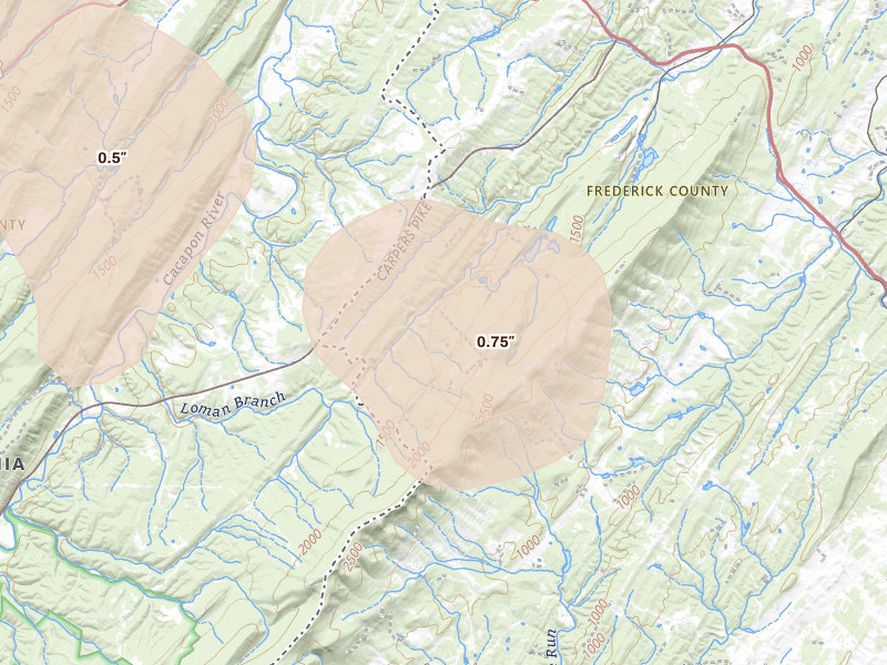 Radar-estimated hail-size map of the storm over Gore, VA