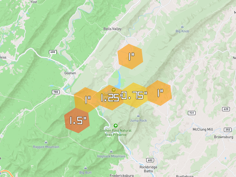 Hail map of Goshen, VA on Jul 4, 2026, hail up to 1.5"