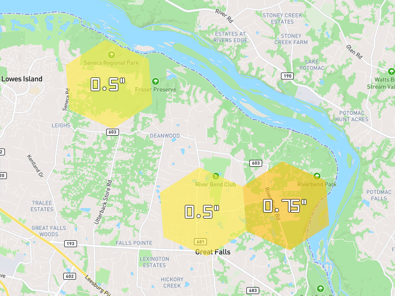 Hail map of Great Falls, VA on Jul 28, 2026, hail up to 0.75"