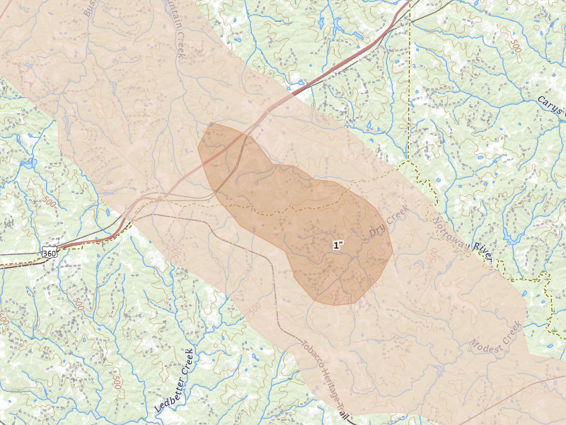 Radar-estimated hail-size map of the storm over Green Bay, VA on May 27, 2026