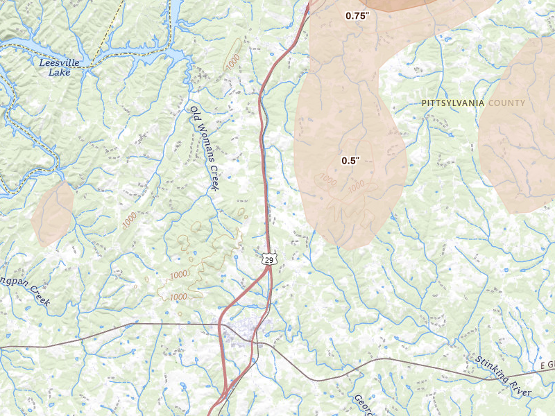 Radar-estimated hail-size map of the storm over Gretna, VA on Jul 4, 2026