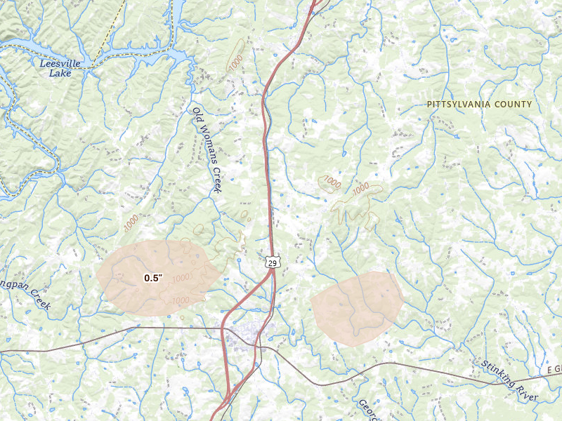 Radar-estimated hail-size map of the storm over Gretna, VA on Jul 26, 2026