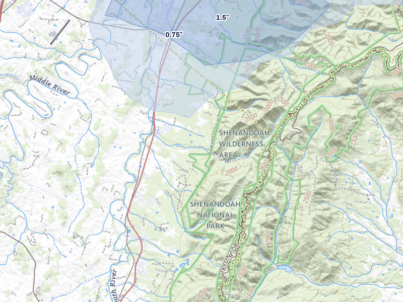NEXRAD radar-signature map of the hail over Grottoes, VA