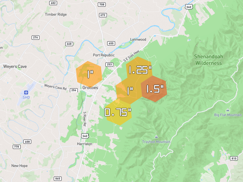 Hail map of Grottoes, VA on Jul 4, 2026, hail up to 1.5"
