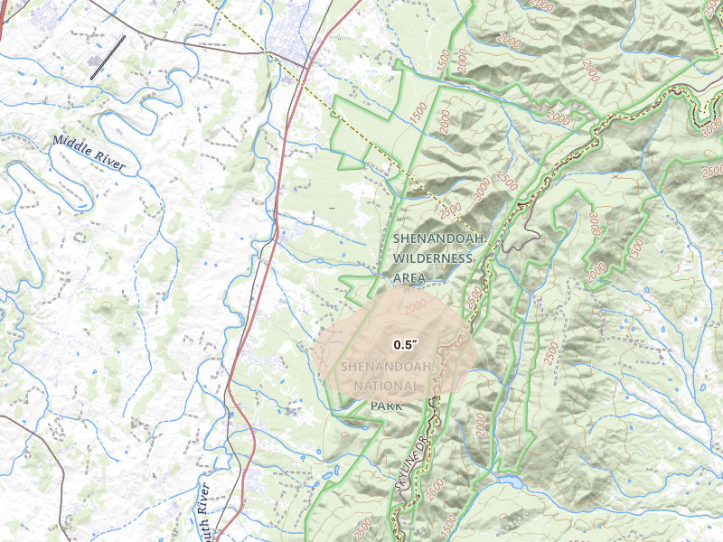 Radar-estimated hail-size map of the storm over Grottoes, VA on Aug 16, 2026