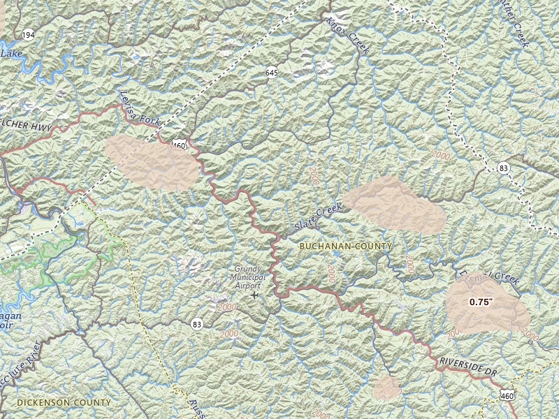 Radar-estimated hail-size map of the storm over Grundy, VA on Aug 11, 2026