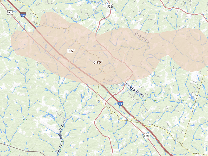 Radar-estimated hail-size map of the storm over Gum Spring, VA on Jul 5, 2026