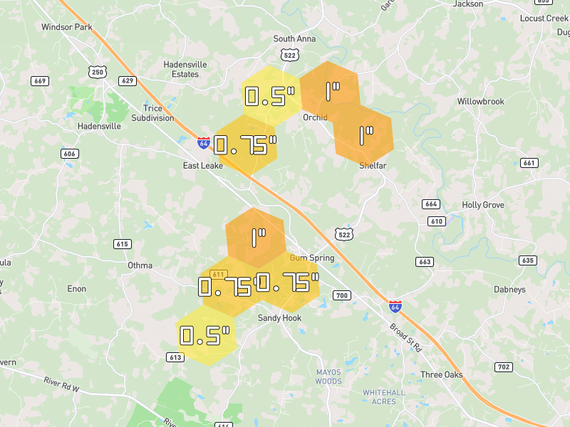 Hail map of Gum Spring, VA on Jul 21, 2026, hail up to 1"