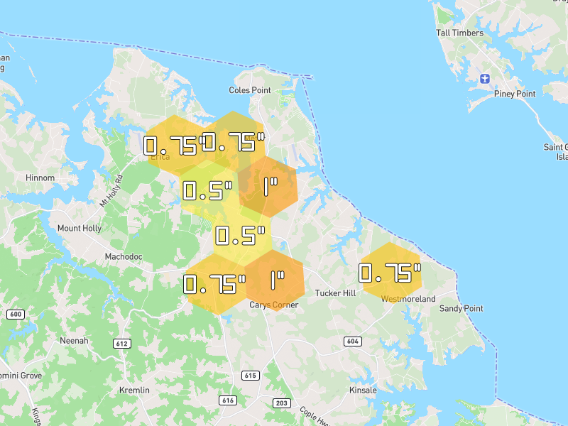 Hail map of Hague, VA on Jul 9, 2026, hail up to 1"