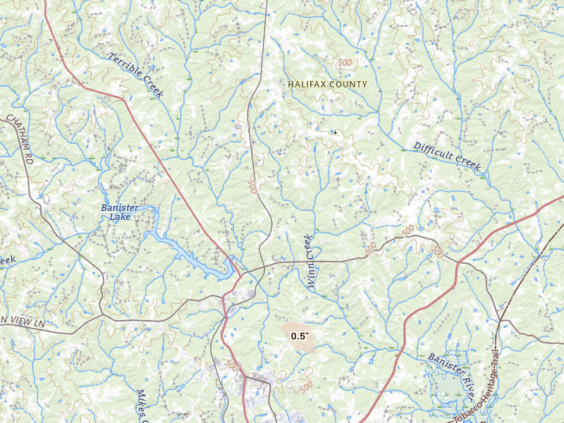 Radar-estimated hail-size map of the storm over Halifax, VA on Jul 18, 2026