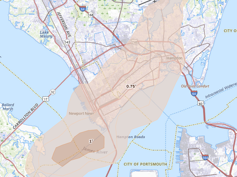 Radar-estimated hail-size map of the storm over Hampton, VA on Jun 14, 2026