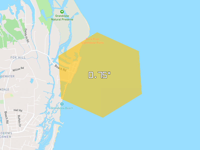 Hail map of Hampton, VA on Jul 10, 2026, hail up to 0.75"