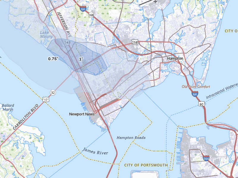 NEXRAD radar-signature map of the hail storm over Hampton, VA on Jul 28, 2026