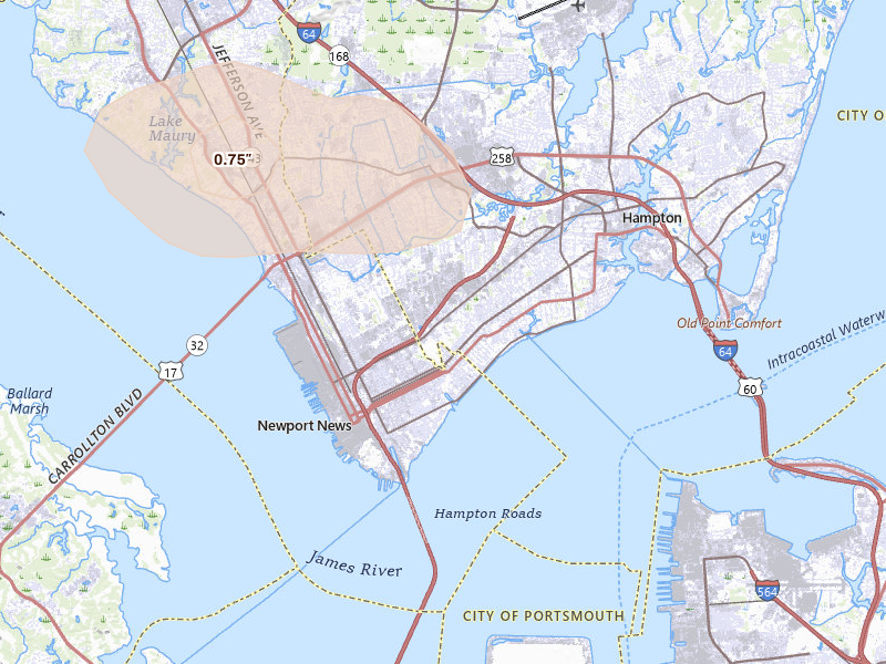 Radar-estimated hail-size map of the storm over Hampton, VA on Aug 10, 2026