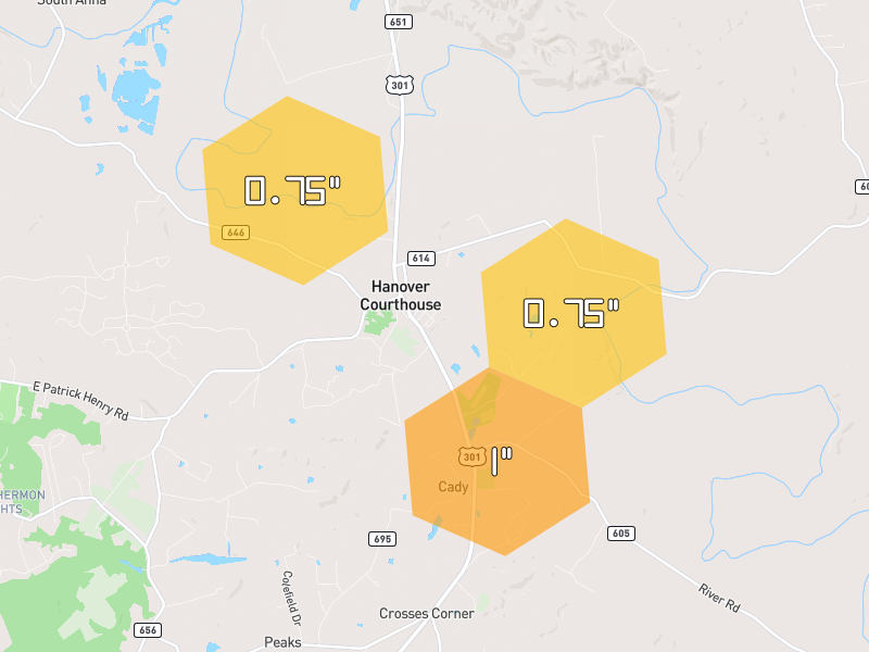 Hail map of Hanover, VA on Jul 5, 2026, hail up to 1"