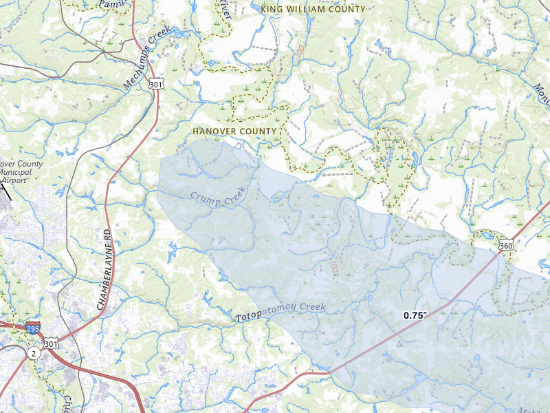 NEXRAD radar-signature map of the hail storm over Hanover, VA on Jul 28, 2026