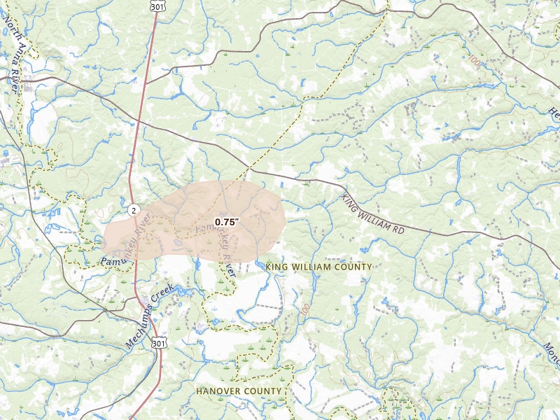 Radar-estimated hail-size map of the storm over Hanover, VA on Aug 7, 2026