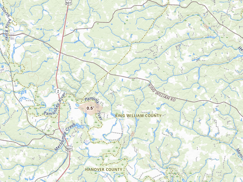 Radar-estimated hail-size map of the storm over Hanover, VA on Aug 28, 2026
