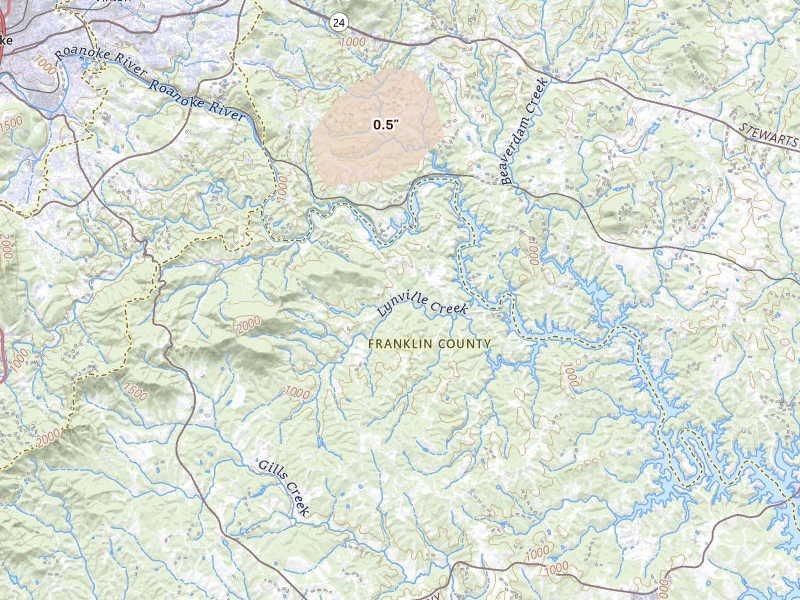 Radar-estimated hail-size map of the storm over Hardy, VA on Aug 8, 2026
