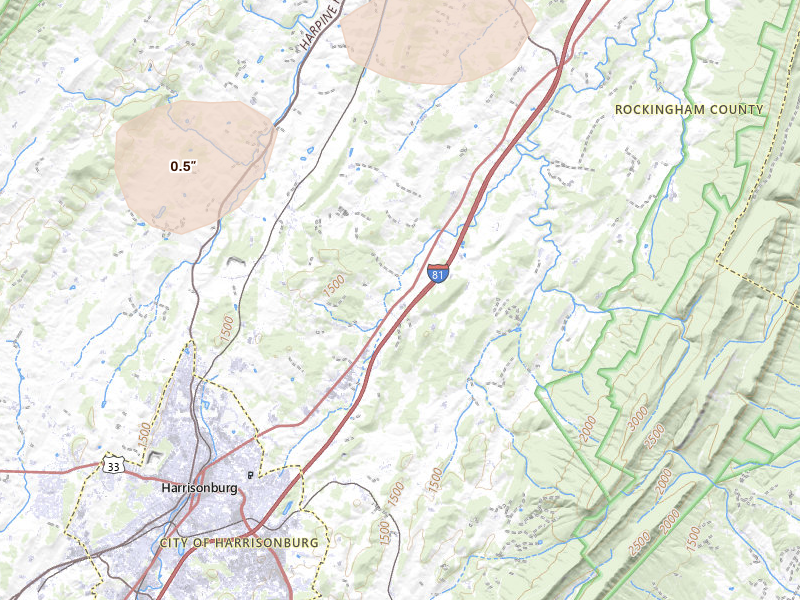 Radar-estimated hail-size map of the storm over Harrisonburg, VA on Jul 4, 2026