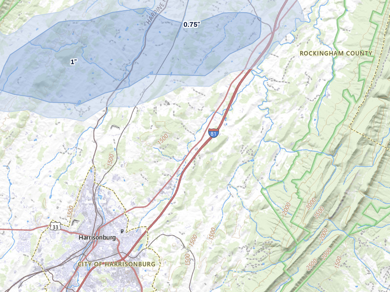 NEXRAD radar-signature map of the hail over Harrisonburg, VA
