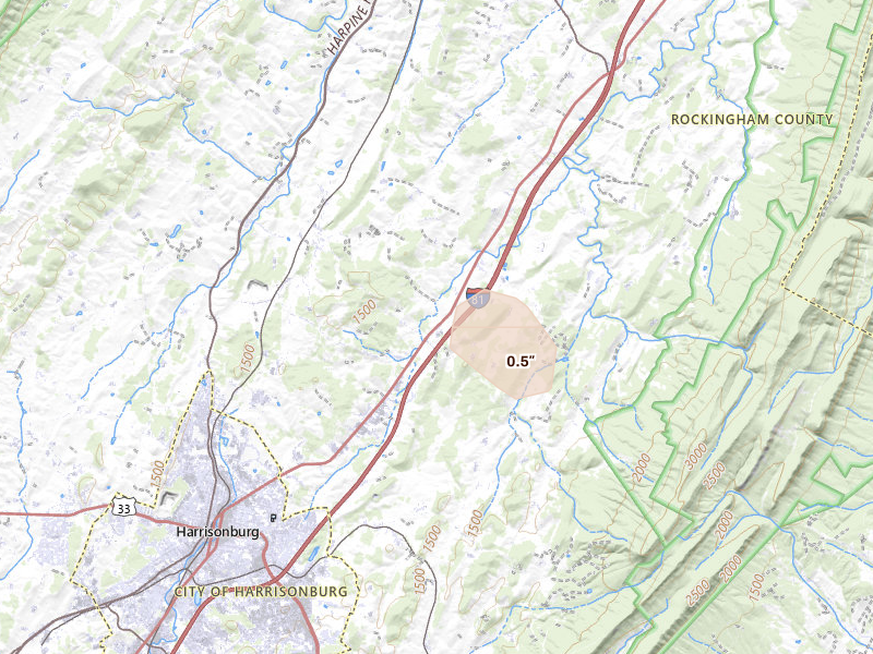 Radar-estimated hail-size map of the storm over Harrisonburg, VA on Jul 17, 2026