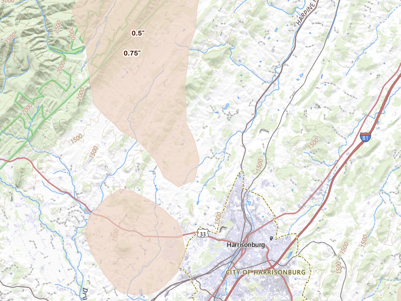 Radar-estimated hail-size map of the storm over Harrisonburg, VA on Aug 27, 2026