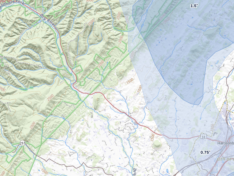 NEXRAD radar-signature map of the hail storm over Harrisonburg, VA on Aug 27, 2026