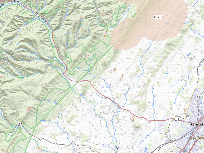 Radar-estimated hail-size map of the storm over Harrisonburg, VA on Sep 2, 2026