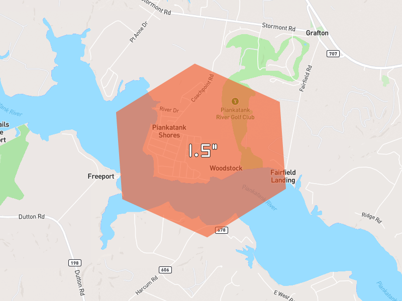 Hail map of Hartfield, VA on Jul 29, 2026, hail up to 1.5"