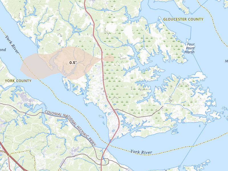 Radar-estimated hail-size map of the storm over Hayes, VA on Jun 22, 2026