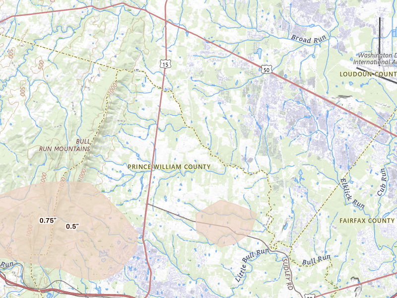 Radar-estimated hail-size map of the storm over Haymarket, VA on Jun 12, 2026