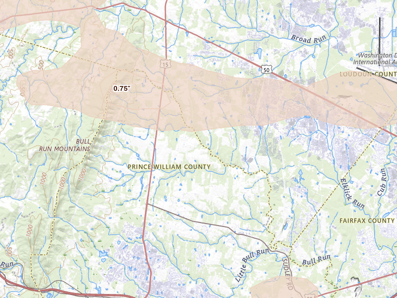 Radar-estimated hail-size map of the storm over Haymarket, VA on Jul 18, 2026